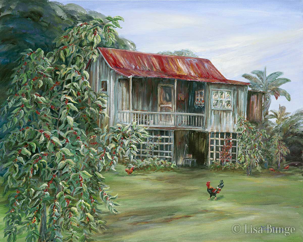 A chicken frolics in front of a traditional Hawaiian coffee shack