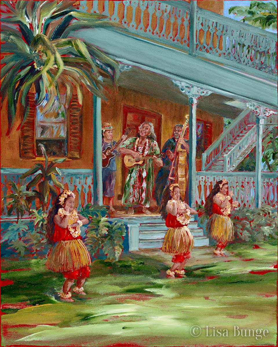 Ukulele serenade with hula dancers at the Huilehe Palace in Kailua Kona