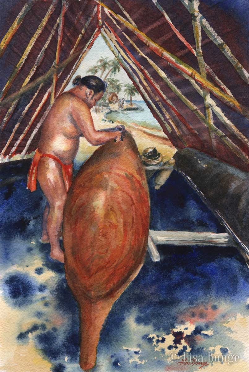 A canoe maker works on a canoe in a hale