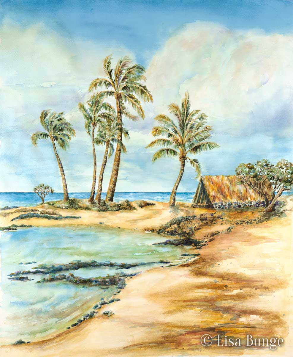 A traditional canoe hale and palm trees on the beach