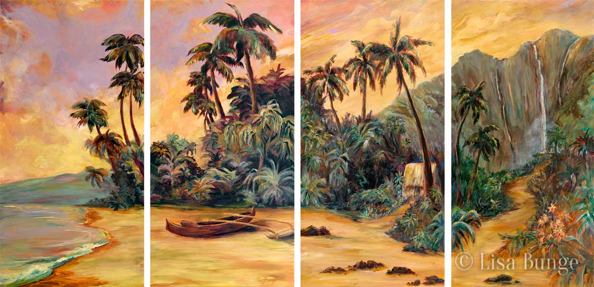Quadiptych of nostalgic Hawaiian beach scene at sunset