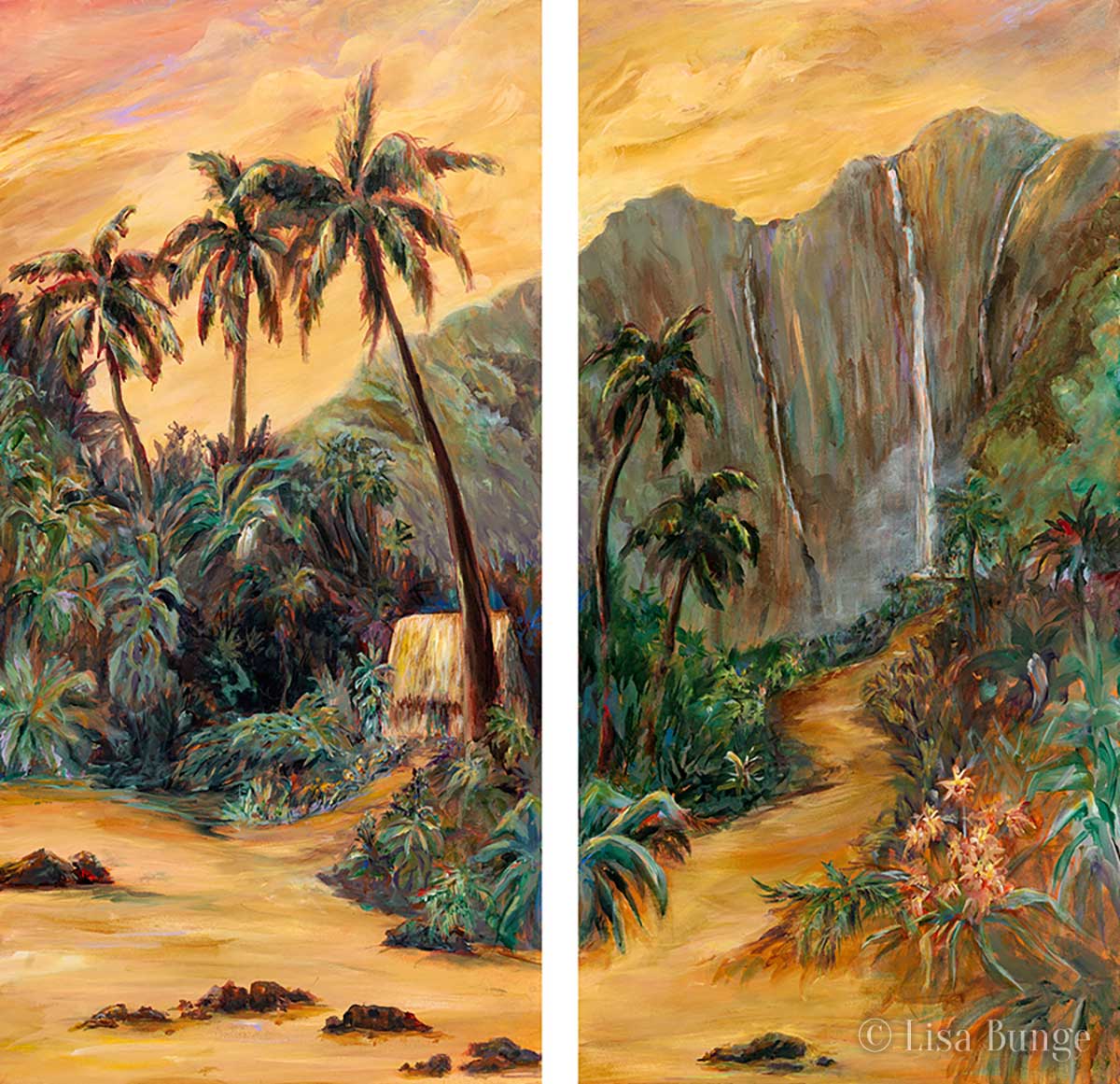 Diptych of traditional Hawaiian home, mountain and waterfall